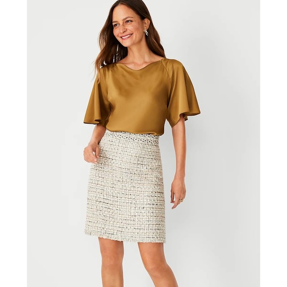 Ann Taylor Shimmer Fringe Tweed A-Line Skirt Ivory Size 14